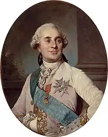 Half-length portrait of man with a short gray wig and curls over both ears. His cream-colored jacket is decorated with medals and a light blue sash.