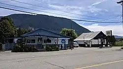 Durieu's store, feed co-op and gas station on Farms Road on Hatzic Prairie, showing Dewdney Peak in the background, spring 2019.