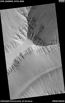 Wide view of layers in Louros Valles, as seen by HiRISE under HiWish program