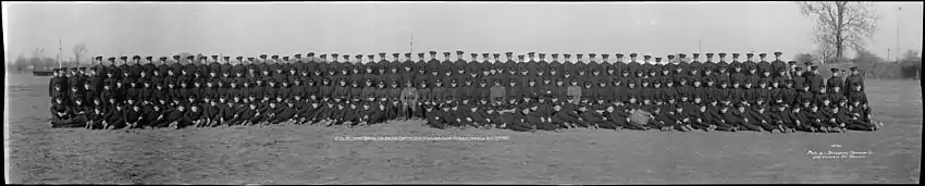 Panoramic picture of men standing to attention