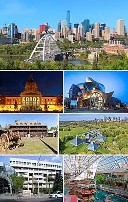 From top, left to right: Walterdale Bridge and Downtown Edmonton skyline, Legislature Building, Art Gallery of Alberta, Fort Edmonton Park, Muttart Conservatory, Law Courts Building, West Edmonton Mall