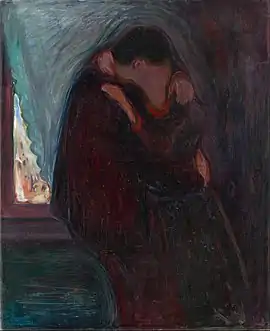 A depiction of two people kissing