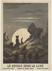 Five people watch a whitish earth rise over an imagined lunar landscape.