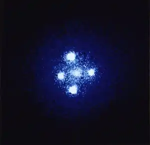 Einstein cross: Four images of the same distant quasar (due to the gravitational lensing of the galaxy closest to us, shown in the foreground, the Huchra Lens).