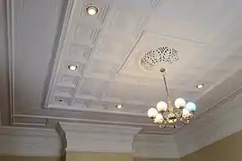 Embossed pressed tin ceiling in Drawing Room of Antrim House; the ceiling was made by the Wunderlich Co. of Sydney in 1905.