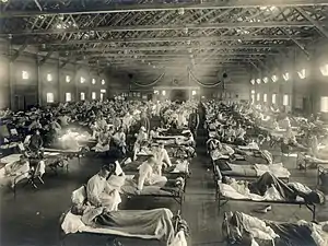 Soldiers from Fort Riley, Kansas, ill with Spanish flu at a hospital ward at Camp Funston