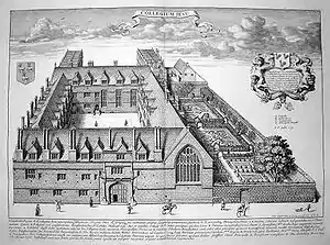 A bird's-eye illustrated view of a college, with a quadrangle of buildings in front and an incomplete quadrangle behind. There are gardens to the right of the buildings.