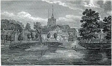 Engraving by Robert Blemmell after Jacob Schnebbelie, 1807, showing the church before its Victorian era rebuilding, and the fisherman's village, Slut's Hole, that stood below it