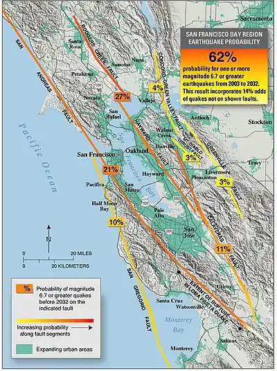 A map tracing all the fault lines in the Bay Area, and listing probabilities of earthquakes occurring on them.