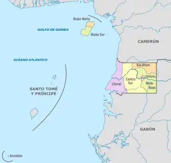 A clickable map of Equatorial Guinea exhibiting its two regions and eight provinces. The island nation of São Tomé and Príncipe is not part of Equatorial Guinea.