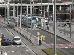 Glòries tram stop with metro entrance in the background