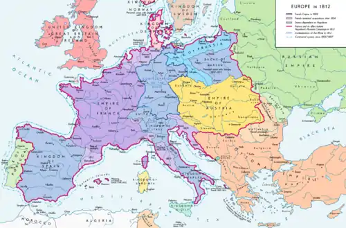 Map of Europe. French Empire shown as bigger than present day France as it included parts of present-day Netherlands and Italy.