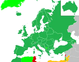 Map of countries in Europe, North Africa and Western Asia, with a cut-out of Australia in top-right corner; countries are coloured to indicate contest participation and eligibility: countries which have entered at least once are coloured in green; countries which have never entered but eligible to do so are coloured in yellow; countries which intended to enter but later withdrew are coloured in red; and countries which competed as a part of another country but never as a sovereign country are coloured in light green.