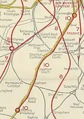 A coloured map shows proposed new railway routes superimposed in red on a map of existing railway lines