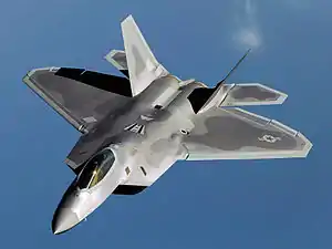 F-22 Raptor flies over Kadena Air Base, Japan on a flight training mission in 2009