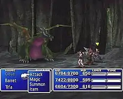 In a cavern, three people face a dragon. Along the bottom is a blue display showing each character's health, magic energy, and waiting time before their turn in battle.