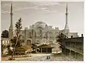 Main (western) façade of Hagia Sophia, seen from courtyard of the madrasa of Mahmud I. Lithograph by Louis Haghe after Gaspard Fossati (1852).