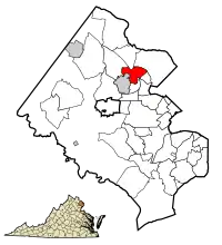 Location of Tysons in Fairfax County, Virginia. Inset: Location of Fairfax County in Virginia