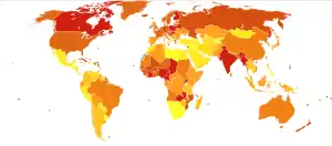 Deaths due to falls per million persons in 2012   0–15  16–21  22–33  34–44  45–55  56–69  70–88  89–106  107–129  130–314