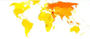 Disability-adjusted life year for falls per 100,000 inhabitants in 2004.  no data  less than 40  40–110  110–180  180–250  250–320  320–390  390–460  460–530  530–600  600–670  670–1000  more than 1000