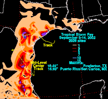 A map depicting rainfall totals produced across Texas and Mexico from a weak tropical storm.