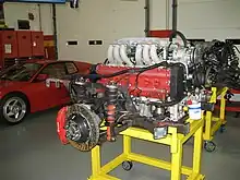 A 12-cylinder Ferrari Testarossa engine in an engine stand