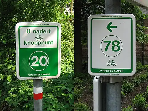 A sign saying "You are approaching node 20" (left) and an internode sign (right) in the Antwerpish Campine, Belgium. See the locator map at this node above.