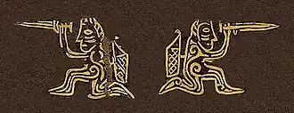 Warriors with daggers and bows. Dagger blade decoration from Kurgan 4, Burial 2, Filippovka kurgans, Late Sauromatian-Early Sarmatian, 5th-4th century BCE.