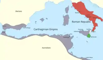 A map of the western Mediterranean showing the territory controlled by Carthage and Rome at the start of the First Punic War.