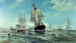  Sail warships at sea with full sail; in the center middle ground, the US ship; in the background, four French warships in a haze giving it a cannon salute with gunpowder; small boats also in the water in the middle ground.