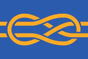 A blue flag depicting a knot tied in yellow.