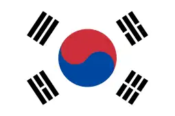 Flag of South Korea(white flag, charged with the Taegeuk and multiple black rectangles)