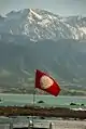 The flag of the Historic Places Trust flying outside Fyffe House in Kaikōura