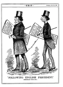 Cartoon depicting John A. Macdonald and William Ewart Gladstone, comparing the Electoral Franchise Act to British law, presumably including the Representation of the People Act 1884 or Redistribution of Seats Act 1885