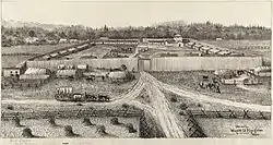 Sketch of Fort Supply, showing wooden stockade and buildings