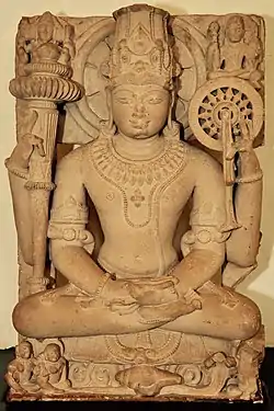 Four-armed Seated Vishnu (with the aureole) in meditation, Medieval Period