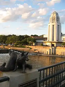 Downtown St. Charles, with the Fox River and Municipal Center/City Hall)