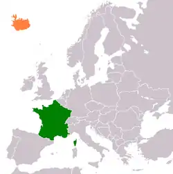 Map indicating locations of France and Iceland