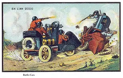 Automobiles de guerre, color lithograph from the En l'an 2000 series (1910).