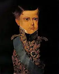 Half-length portrait in oils of a stern-looking child in a heavily embroidered uniform and wearing the sash of office and a small medal of the Order of the Southern Cross