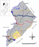 Location of Franklin Township in Warren County highlighted in yellow (right). Inset map: Location of Warren County in New Jersey highlighted in black (left).