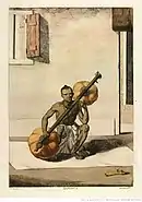 1808-1812. Illustration of a bīn, labeled "qaplious". At the time, the instrument illustrated was fretless; similar to the pinaka vina, it used a stick to slide on the string and choose notes.