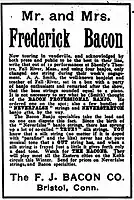 Frederick Bacon, Cassie Bacon, advertisement Dec 1907, selling banjos and strings