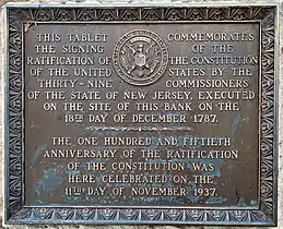 Plaque commemorating the ratification of the United States Constitution on the One West State Street building now at this site