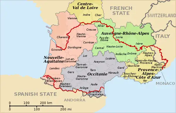 A map showing the extent of Occitania overlaid on the modern administrative regions and departments of southern France