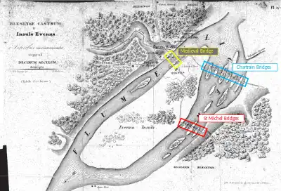 Map of Vienne island, with the Medieval bridge, the Chartrain bridges and the St Michel bridges.