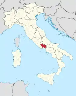 Map highlighting the location of the province of Frosinone in Italy