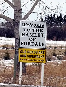 Sign for Furdale, a hamlet south of Saskatoon, Saskatchewan, Canada.