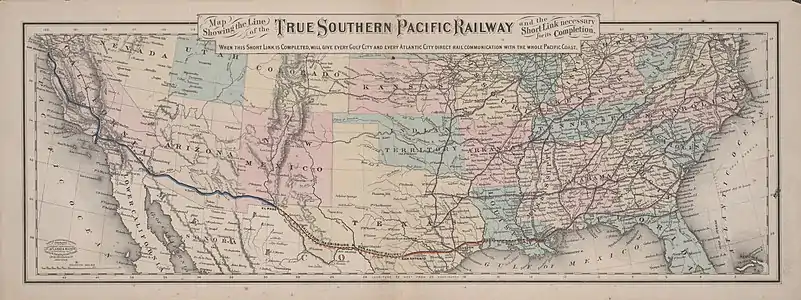 Map of the Southern United States with a railroad line