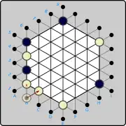 (3a) White introduces another piece on B1 again, but now is blocked from pushing to B2  (W)B1×B2 , since that would push the Black piece at B5 out of play. The only legal push from B1 now is to C2  (W)B1→C2  as shown by the solid arrow.